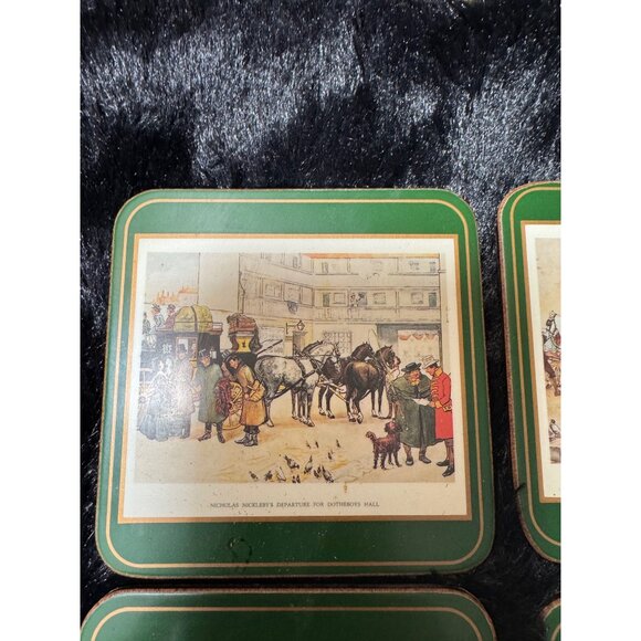 Set Of 6 Vintage Pimpernel  Cork Back Coasters Dickensian Scenes In Original Box - Picture 6 of 11